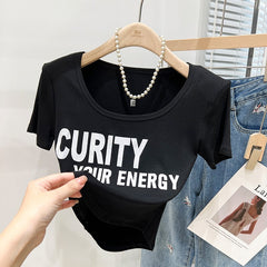 Short sleeved T shirt Women's Western Style Retro Print V neck