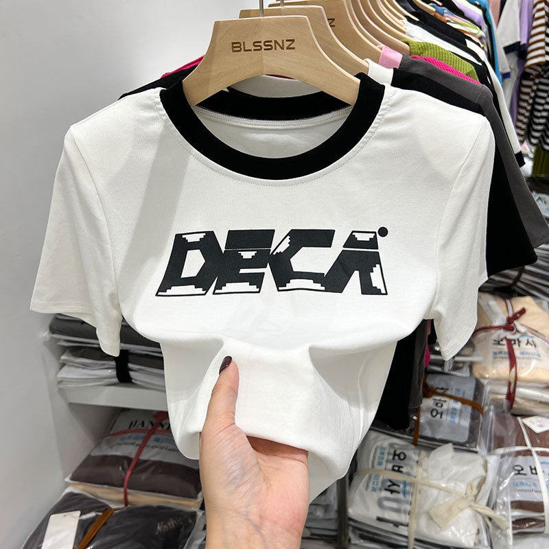 Short sleeved T shirt Women's Western Style Retro Print V neck