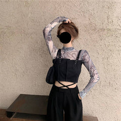 Abstract Women's Half Turtleneck Mesh Sheer Shirt