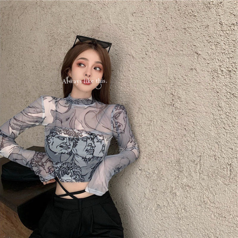 Abstract Women's Half Turtleneck Mesh Sheer Shirt