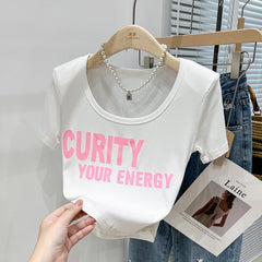 Short sleeved T shirt Women's Western Style Retro Print V neck