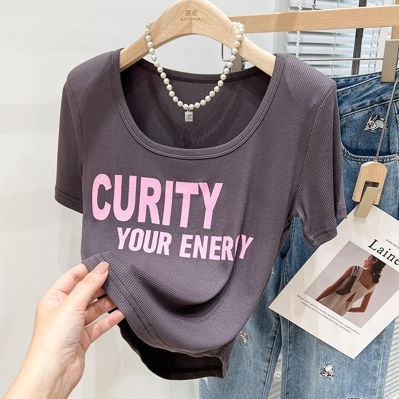Short sleeved T shirt Women's Western Style Retro Print V neck