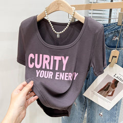 Short sleeved T shirt Women's Western Style Retro Print V neck