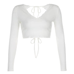 Ladies V-Neck Sexy Lace Back Tie T-Shirt
