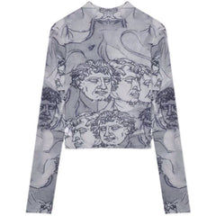 Abstract Women's Half Turtleneck Mesh Sheer Shirt