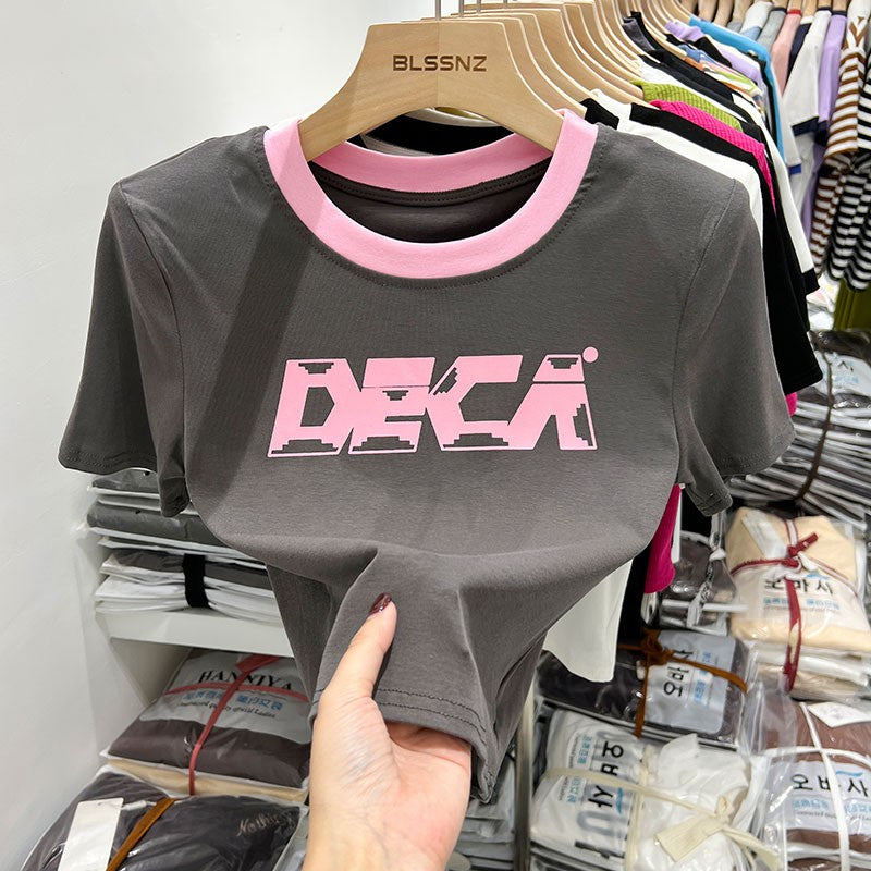 Short sleeved T shirt Women's Western Style Retro Print V neck