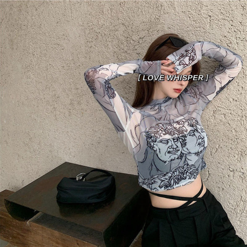 Abstract Women's Half Turtleneck Mesh Sheer Shirt