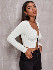 Top Women Retro Tight-Fitting Sexy Zipper Sweater Short Cardigan Long-Sleeved T-Shirt