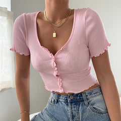 Camiseta de manga corta con volantes y cuello en V para mujer, Top corto informal de verano con botones, camiseta básica azul, Tops