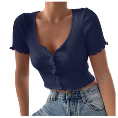 Camiseta de manga corta con volantes y cuello en V para mujer, Top corto informal de verano con botones, camiseta básica azul, Tops