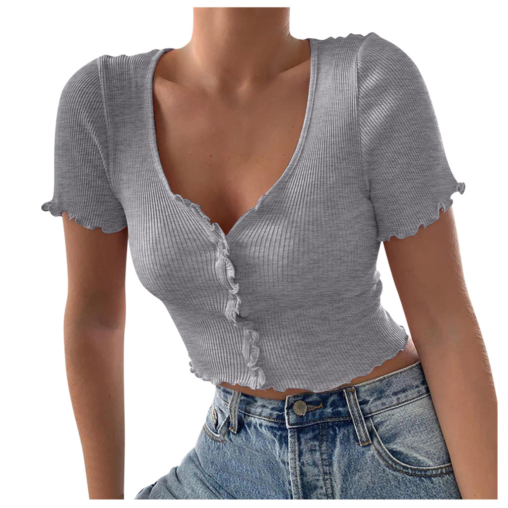 Camiseta de manga corta con volantes y cuello en V para mujer, Top corto informal de verano con botones, camiseta básica azul, Tops