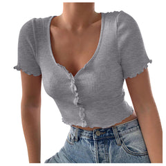 Camiseta de manga corta con volantes y cuello en V para mujer, Top corto informal de verano con botones, camiseta básica azul, Tops