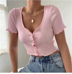 Camiseta de manga corta con volantes y cuello en V para mujer, Top corto informal de verano con botones, camiseta básica azul, Tops