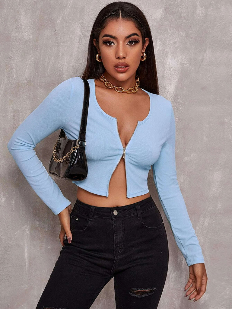Top Women Retro Tight-Fitting Sexy Zipper Sweater Short Cardigan Long-Sleeved T-Shirt