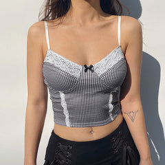 Plaid Cami Femmes Dentelle Garniture Arc Mignon Sexy Crop Tops