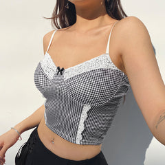 Plaid Cami Femmes Dentelle Garniture Arc Mignon Sexy Crop Tops
