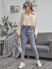 Zipper Drawstring Lapel Knit Pullover Polo Shirt