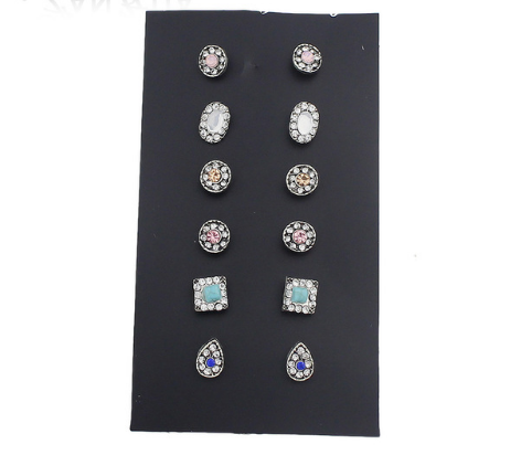 6 Pairs Set Ethnic Earrings Rhinestone  Flower Shape Stud Earring