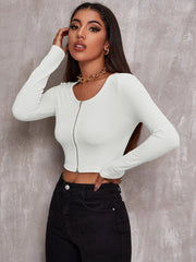 Top Women Retro Tight-Fitting Sexy Zipper Sweater Short Cardigan Long-Sleeved T-Shirt