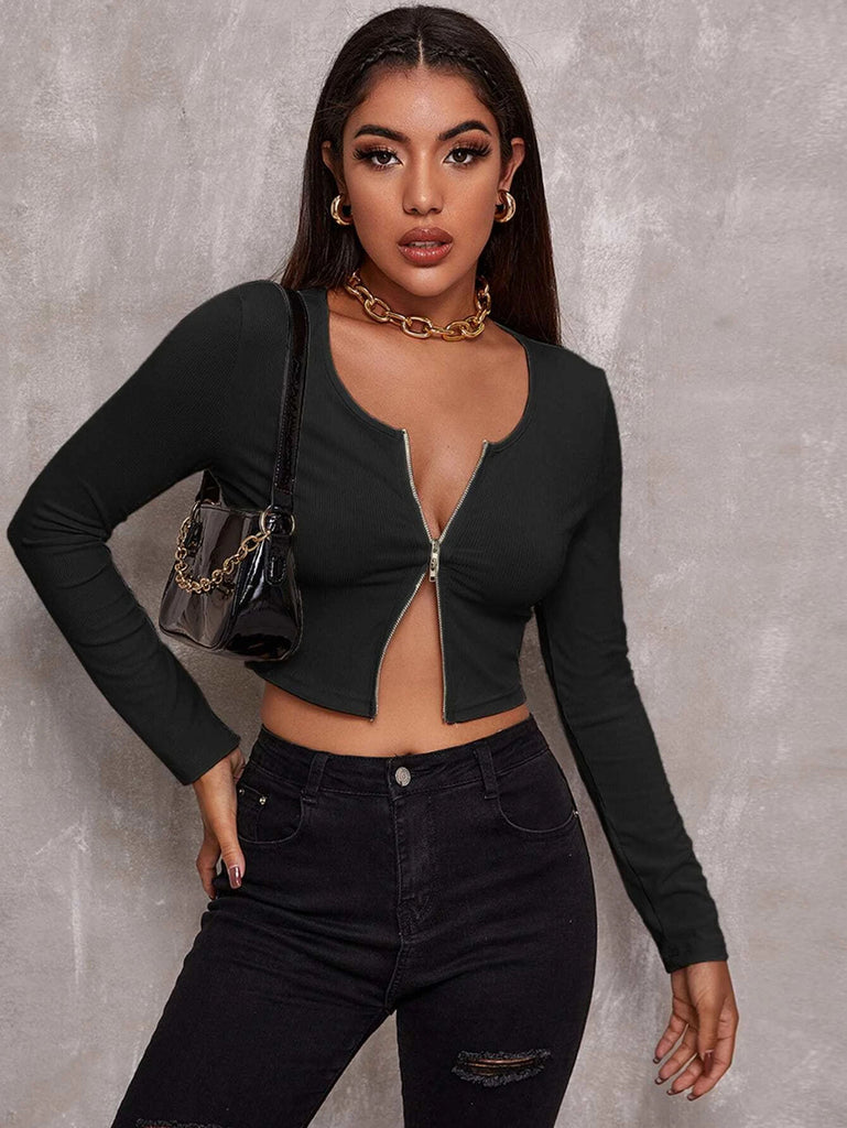 Top Women Retro Tight-Fitting Sexy Zipper Sweater Short Cardigan Long-Sleeved T-Shirt
