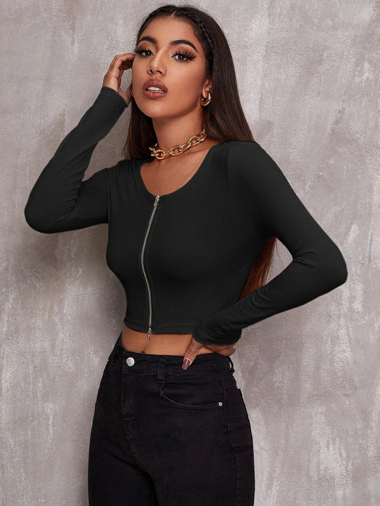 Top Women Retro Tight-Fitting Sexy Zipper Sweater Short Cardigan Long-Sleeved T-Shirt