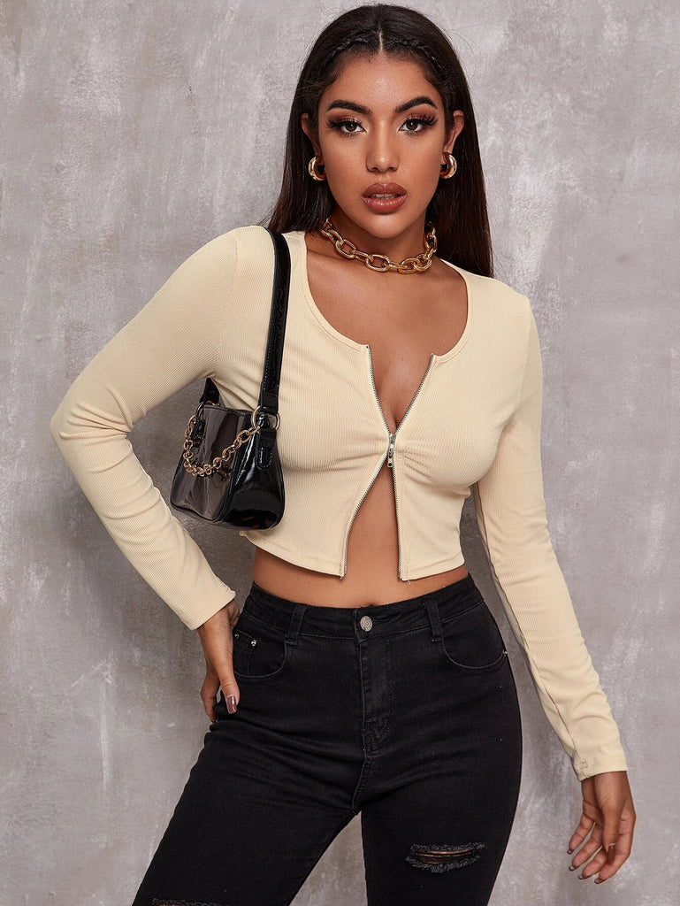 Top Women Retro Tight-Fitting Sexy Zipper Sweater Short Cardigan Long-Sleeved T-Shirt