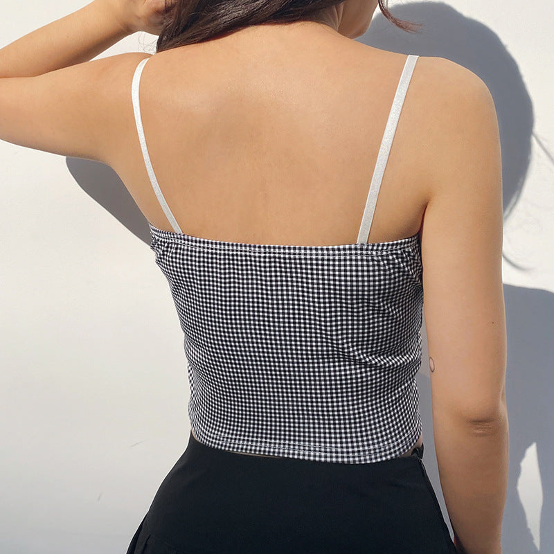 Plaid Cami Femmes Dentelle Garniture Arc Mignon Sexy Crop Tops