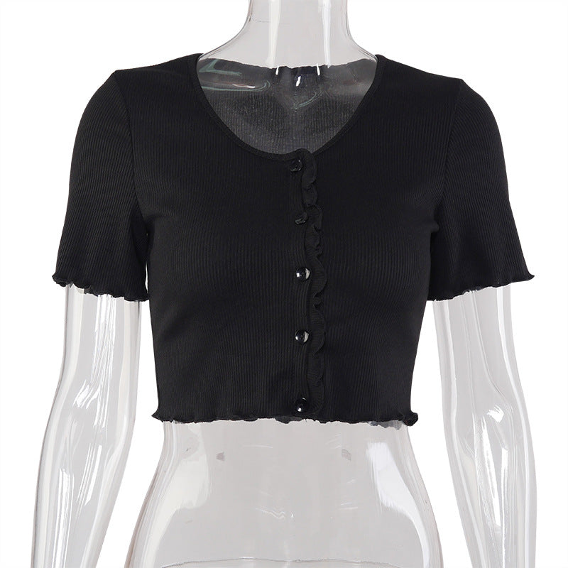 Camiseta de manga corta con volantes y cuello en V para mujer, Top corto informal de verano con botones, camiseta básica azul, Tops