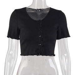 Camiseta de manga corta con volantes y cuello en V para mujer, Top corto informal de verano con botones, camiseta básica azul, Tops