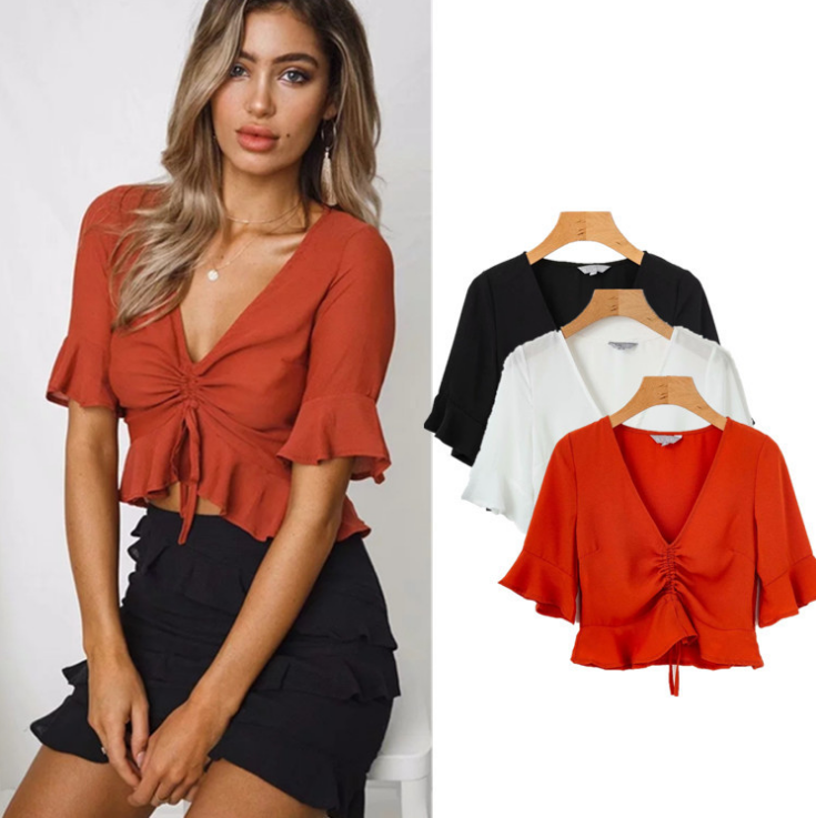 Women's Sexy V neck pleated short sleeved shirt
