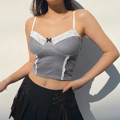 Plaid Cami Femmes Dentelle Garniture Arc Mignon Sexy Crop Tops