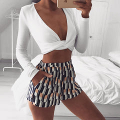 USA SIZE White long sleeved deep V-neck cross strap top