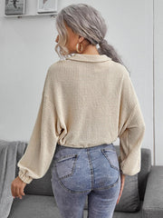 Zipper Drawstring Lapel Knit Pullover Polo Shirt