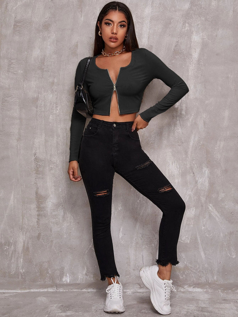 Top Women Retro Tight-Fitting Sexy Zipper Sweater Short Cardigan Long-Sleeved T-Shirt