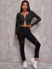 Top Women Retro Tight-Fitting Sexy Zipper Sweater Short Cardigan Long-Sleeved T-Shirt