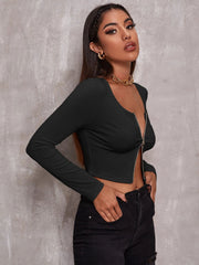Top Women Retro Tight-Fitting Sexy Zipper Sweater Short Cardigan Long-Sleeved T-Shirt