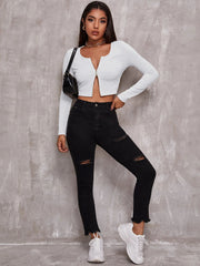 Top Women Retro Tight-Fitting Sexy Zipper Sweater Short Cardigan Long-Sleeved T-Shirt
